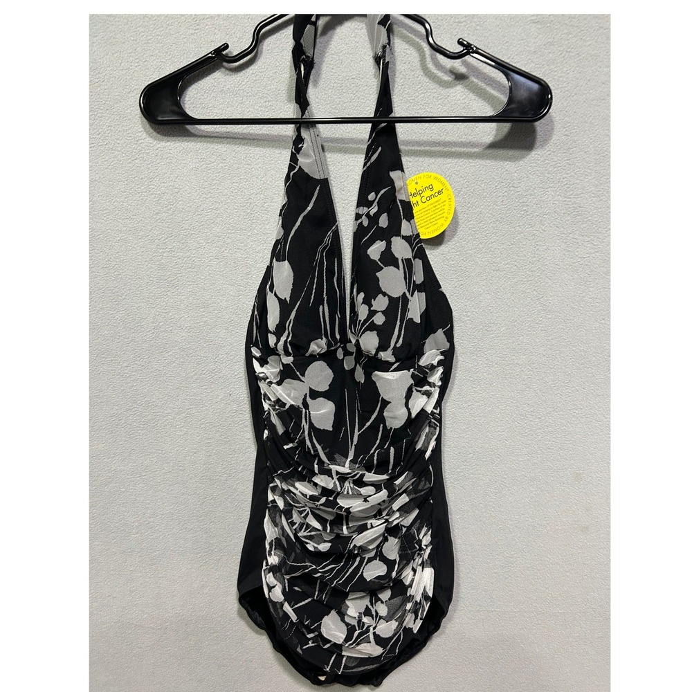 It Figures One Piece Swimsuit Women 12 Black White Floral Ruched Tummy Thinner